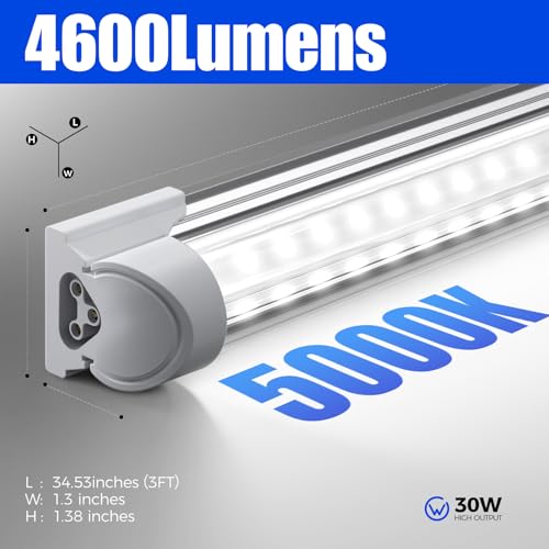 Image of Barrina LED Shop Lights, 3FT 30W 4600LM 5000K, Daylight White High Output Linkable for Workshop, V Shaped Clear Cover T8 LED Shop Light for Garage, 3 Foot (Pack of 6)