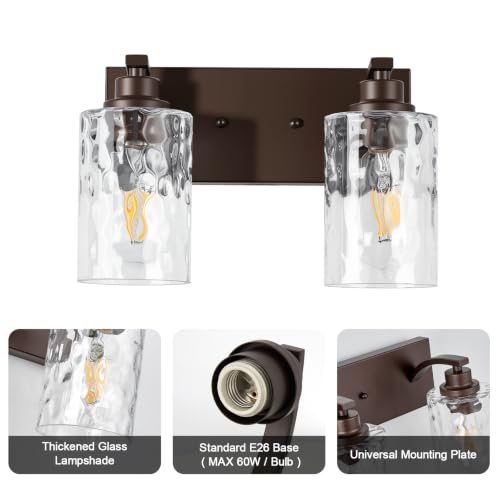 Image of 2-Light Bathroom Light Fixtures Modern ORB Vanity Lights | Easy to Install Clear Hammered Glass Shades, Rippled Glow, Wall Mount Up or Down, E26 Socket, Hardwired, 120V