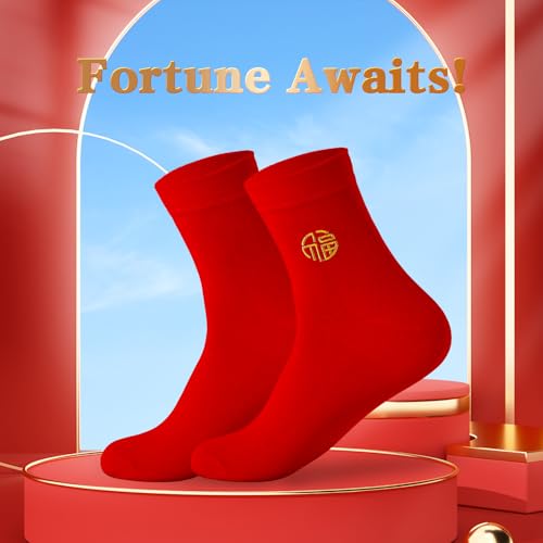 Men's Red Socks Crew Sports Casual Comfortable Calf Socks, Chinese New Year Socks,Size 6-10, Embroidery 福(Fu)2