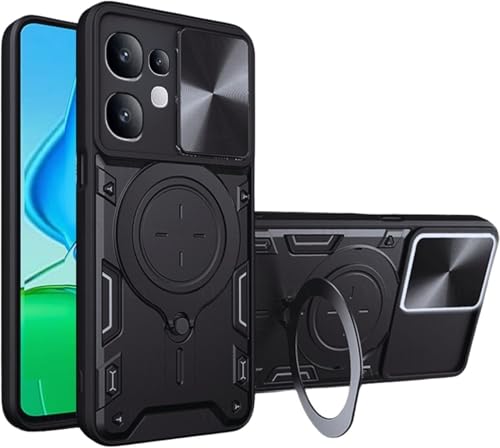 Image of Designerz hub Vivo V60 5G Back Case | Hybrid Case with 360 Degree Rotating Finger Ring Holder + Slider Shutter Camera Protection Case for Vivo V60 5G- Black