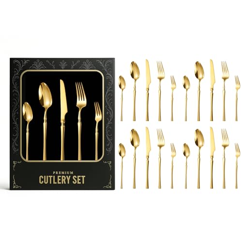 Image of aDai Mirror Finish 20-Piece Korean Vintage Style Flatware Set with Gift Box | Dishwasher Safe Stainless Steel Cutlery for Home, Restaurant & Gifting (Gold)