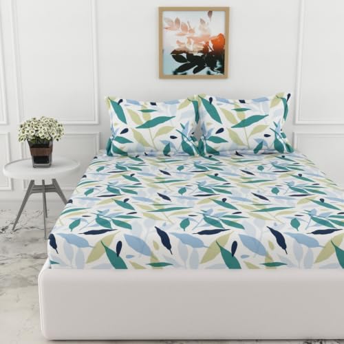 Image of LORETO - A QUALITY LINEN BRAND 210 TC 100% Pure Cotton King Size Fitted Bedsheet with 2 Pillow Covers for 78 x 72 Inch Mattress, All-Around Elastic, 8 Inch Deep Pocket, Green Leaf Whisper