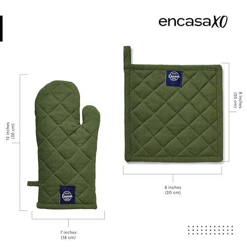 Image of Encasa XO Heat Resistant 100% Cotton Oven Glove & Potholder Set with Loop, Kitchen Cooking Mittens, Microwave Safe Hot Pads (Leaf Green)