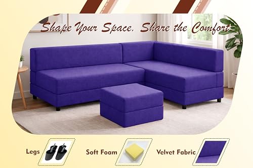 Image of Leg Sofa Cum Bed with Ottoman | Jute Fabric | Multipurpose Folding 3 Seater Sofa Bed 5x6 Ft for Living Room | Space Saving Furniture | Modern Design - Purple
