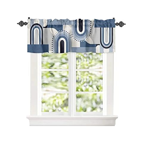 Valance Curtain for Kitchen,Navy Blue Nordic Rainbow Circle Window Valances Rod Pocket Drape,Mid Century Abstract Geometry Windows Treatment for Bedroom Bathroom Laundry Room 54x18in Decor Cover