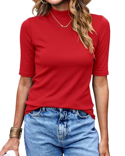 LaLaLa Womens Half Sleeve Fall Casual Tee Shirts Lightweight Slim Fitted Mock Neck Fall Top Blouses (M, Red)