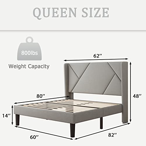Ipormis Queen Size Platform Bed Frame With Wingback, Geometric Upholstered Bed Frame With Headboard, Wood Slats Support, No Box Spring Required, Light Grey #TOP1