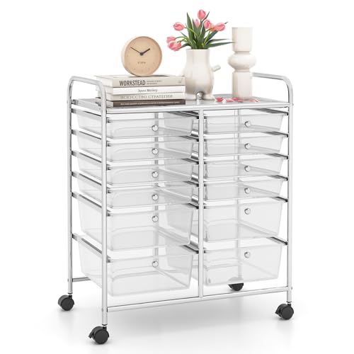 LDAILY 12 Drawer Rolling Storage Cart, Craft Cart Organizer on Wheels w/Metal Frame, Large Capacity & Smooth Drawer, Rolling Cart w/Drawers for Classroom, Office
