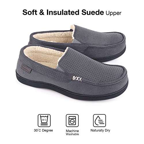 Hometop Men's Memory Foam Moccasin Slippers, Comfy Indoor Outdoor House Shoes Suede Bedroom With Warm Sherpa Lining Durable Rubber Sole (10 M, Dark Gray) #TOP2