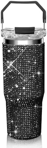 Bling Rhinestone Studded Tumbler with Top Handle, Bling Cups Stainless Steel Water Bottle Diamond Glitter Tumbler for Women - Birthday Gifts for Women, Mom,Get Well Soon Gifts (Black)
