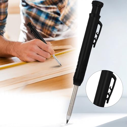 Tischler Bleistifte Set, 2 Solide Zimmermannsbleistifte mit 24 Bleistiftmine, Tieflochmarker Bleistift mit Eingebauter Spitzer für Bohrlochmarker auf Holz, Metall, Betonfliesen (Schwarz)