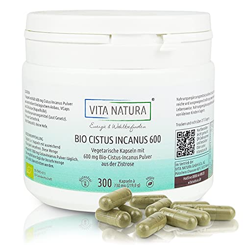 VITA NATURA Bio Cistus Incanus kapsle - 600 mg - z Řecka - 300 kapslí Vegi - kapsle z cistrose - Vegan - Bio certifikace - Made in Germany