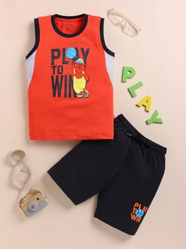 Image of Bumchums Boys Sleeveless Round Neck T-Shirt and Pant Set for Boys, Casual Clothing Set, Trendy and Cute, Graphic