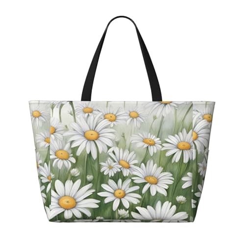 White Daisy Print Waterproof Beach Bag For Womentote Bag Zipper And Pockets For Travel Vacation2
