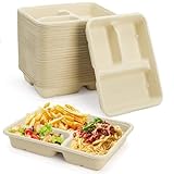 Yesland 100 Pack Compostable Paper Plates, Natural Sugarcane 3 Compartment Plate, Heavy Duty Lunch Tray, Disposable Divided Sectional Trays, Microwave Freezer Safe for Party School