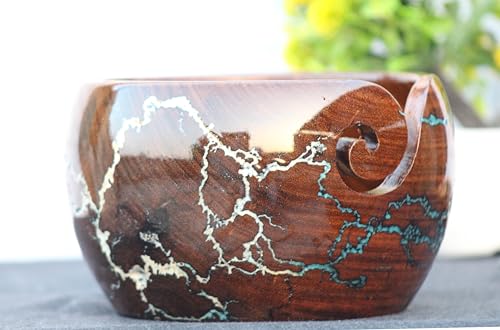 Image of Wooden Yarn Bowl - Knitting Yarn Bowls with Holes Crochet Bowl Holder Handmade Yarn Storage Bowl - Lichtenberg Figure Yarn Bowl (Medium)