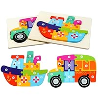 HOTUT Wooden Jigsaw Puzzles for Toddlers, 2 Pcs 3D Animal Puzzle Toy Babies Games, Shape Number Puzzle, Animal Puzzle Jigsaw Set for Kids Age 1 2 3 Year Old Boys and Girls Educational Toys Gifts
