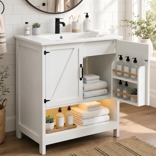 Naturoasis 30 Inch Bathroom Vanity with Sink, Farmhouse Bathroom Vanity with Drawers & Open Storage Shelf, Bathroom Cabinet with Ceramic Sink, LED Light, White