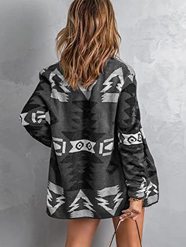 Chouyatou Women's Tribal Aztec Print Sweater Open Front Knitted Jacquard Cardigan Sweater (X-Large, Dark Grey) #TOP1