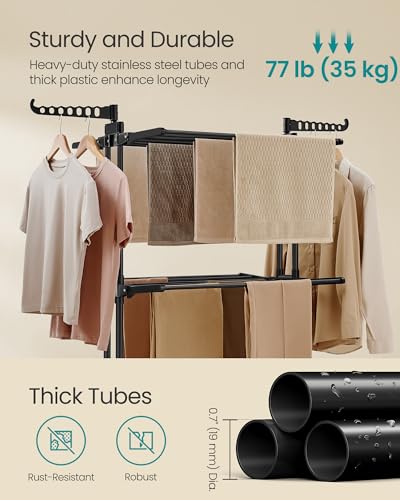SONGMICS Large Clothes Airer, Foldable Clothes Drying Rack Laundry 4-Tier, Moveable Clothes Horse, 63.5 x 128 x 173 cm, Stainess Steel, Folding Wings, Indoor Outdoor Use, Ink Black LLR701B01 - Image 4