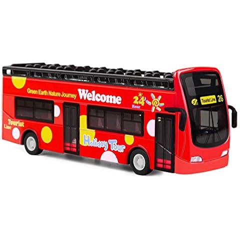 YIJIAOYUN London Bus Toy, Double Decker Bus Toy, Sightseeing Tour Red Bus, Alloy Diecast Vehicles Mould / 1:32 Scale Pull-Back Bus with Lights and Music Cover