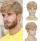 BCHR Mens Blonde Wig Short Layered Blond Straight Wig for Male Guys Synthetic Heat Resistant Fiber Natural Dirty Blonde Mens Wig for Halloween Party Anime 90s 2000s Use
