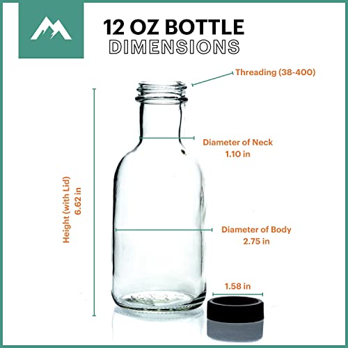 Mho Containers Set Of 12Oz Glass Bottles With Black Plastic Caps | Reusable Stout Flint Glass Bottles With Lids For Juicing, Kombucha, Liquids | Made In Usa | 12 Oz Glass Bottles (Total Of 12) #TOP3