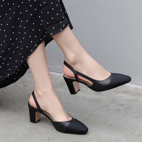 Image of MICIFA Slingback Heels for Women,Round Toe Chunky Heeled Pumps Ankle Strap Fashion Splicing Dress Shoes