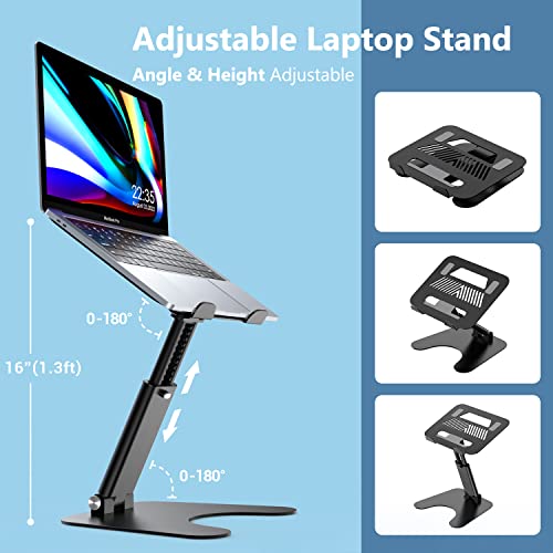 Image of Rottay Collapsible Laptop Stand, Adjustable Height up to 16 inch, Ergonomic Laptop Riser with 2 Angle Adjustment Buttons, Aluminum Laptop Holder Computer Stand Fits MacBook, Laptops Tablets 10-16 inch, Black