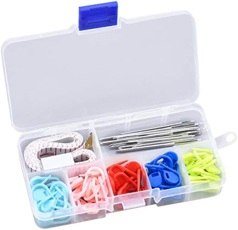 Crochet Stitch Marker Set with 60 Pcs Crochet Stitch Marker, 9 Pcs 3 Sizes Large Eye Blunt Needle, 1 Cloth Tape Measure and 1 Storage Box, Hold Clip Knitting Tool Suitable for Novices Sewing Craft