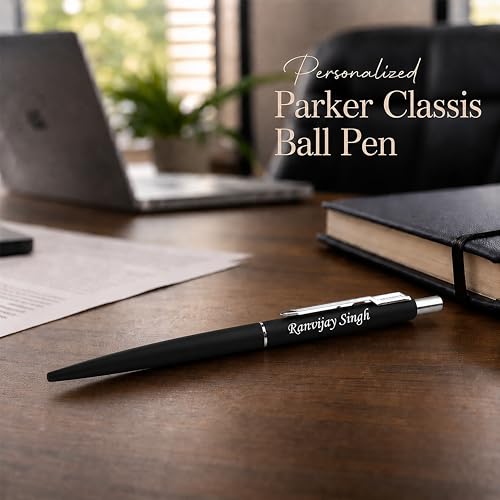 Image of SAVRI Personalized Parker Matte Black Ballpoint Pen | Customized Name Engraved Pen with Silver Clip | Smooth Blue Ink Writing | Ideal Gift for Birthdays, Anniversaries, Corporate Gifting