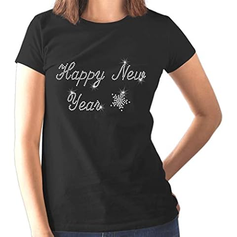 Women's Happy New Year T Shirt - Christmas Diamante Crystal Design - Size 6 to 20 (18-20 XX-Large) Black Cover