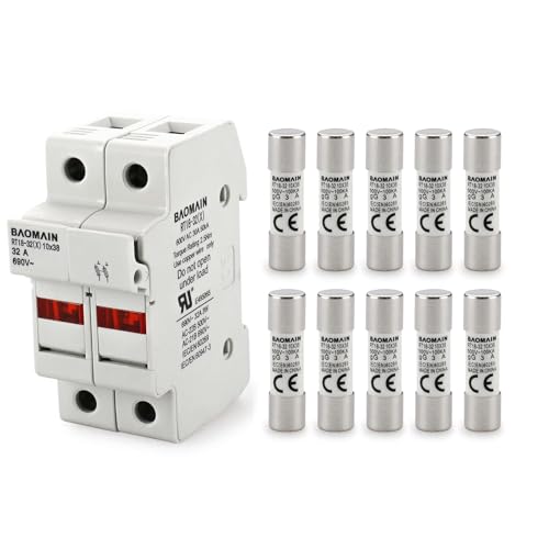 Baomain RT18-32 Fuse Holder Base with 10x3A Ceramic Fuses (10x38mm) – 2 Pole DIN Rail Mount, LED Indicator, CE Certified (3 Amp)