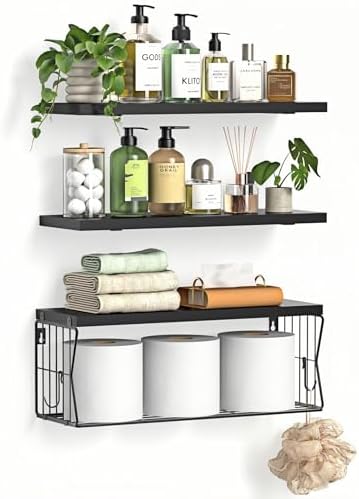 Floating Bathroom Shelves Wall Mounted – Wooden Shelf Set of 3 for Over Toilet Storage & Modern Bathroom Decor – Perfect Wall Shelving Organizer for Apartments RVs Powder Rooms Restroom – Black