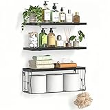 Floating Bathroom Shelves Wall Mounted - Wooden Shelf Set of 3 for Over Toilet Storage & Modern Bathroom Decor - Perfect Wall Shelving Organizer for Apartments RVs Powder Rooms Restroom - Black