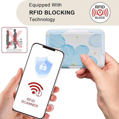Image of ELFISH Mini RFID Aluminum Wallet Credit Cards Holder Business Card Case Metal ID Case for Men Women(Cerulean Flower)