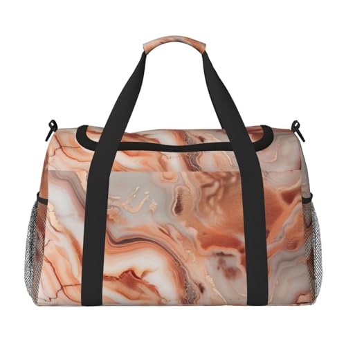Rose Gold Marble Print Foldable Carry On Tote Large Capacity Hand Carry Bag for Airplane Weekend Getaways