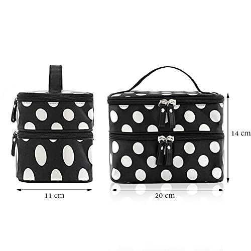 Wenettion Double Layer Cosmetic Bag Black With White Dot Travel Toiletry Cosmetic Makeup Bag Organizer With Mirror #TOP1