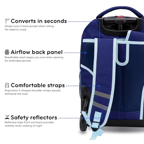 Image of J World Sunrise Kids Rolling Backpack with Wheels for Girls Boys, Roller Bookbag for School, 18 x 13 x 9 Inches, Navy