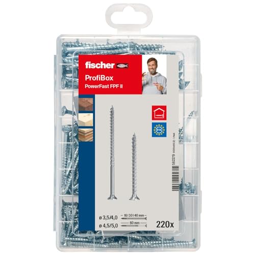 fischer Meister-Box PowerFast II wkręt do płyt wiórowych, wstępnie posortowane pudełko asortymentowe z 220 śrubami ocynkowanymi na niebiesko, łeb wpuszczany, napęd PZ, gwint częściowy i pełny gwint,