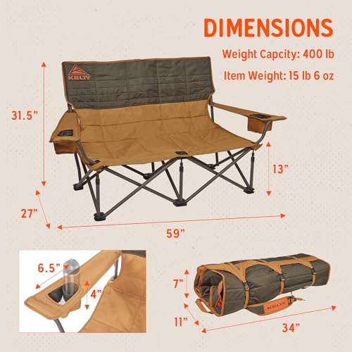 Image of Kelty Low Loveseat Oversized 2-Person Heavy Duty Folding Camp Chair, Double Seat for Soccer Games, Tailgating, Beach Days (Low Height /Beluga) | Low Height Seat, Comfortably Fits 2 Adults, Slight Recline, Insulated Cup Holders, Perfect for Soccer Games, Concerts
