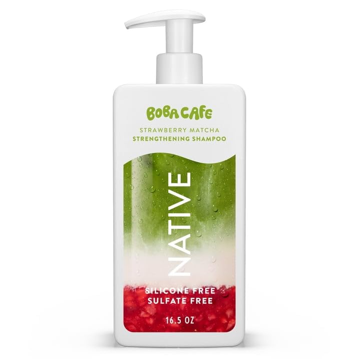 Native Strengthening Shampoo, Limited Edition Strawberry Matcha, Sulfate Free Shampoo for Women and Men, Boba Café, 16.5 fl oz with Travolle Dispenser Pump