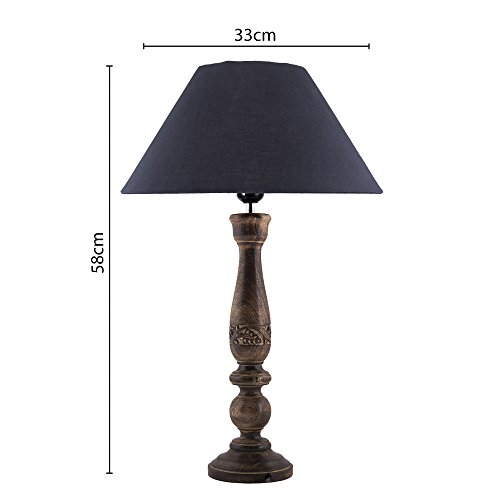 Image of Homesake Handcrafted Wooden Table Lamp for Bedroom & Living Room|Decorative Bedside Reading Lamp with Fabric Shade, E27 Holder|Bulb Included|Black Floral Carved Base for Home Decor, Black