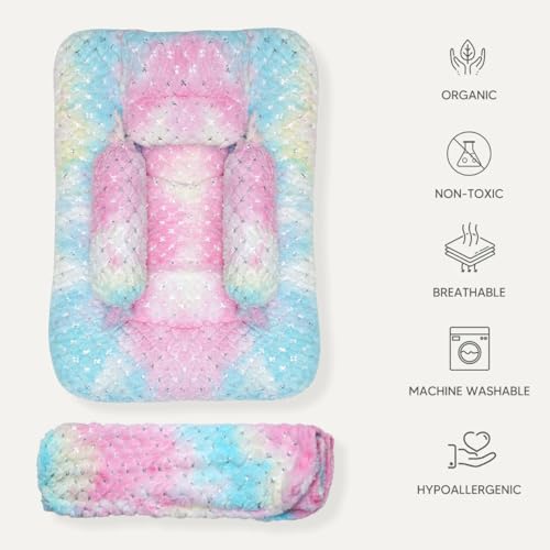 Image of Baby Mattress Set New Born Baby Sleeping Combo 4 Pcs Bedding Rainbow Eyes and Pink Colour (Multicolor)