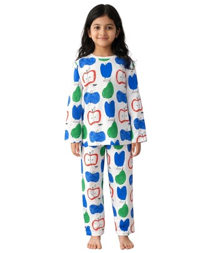 Image of Anthrilo Pajama T-Shirt Set for Girls | Kids Night Suit for Girls | Nightwear | 100% Cotton Pyjama Set Apple Pear Print White | Long Sleeve T-Shirt and Pajama | Kids Girls Sleepwear | 12-13 Years