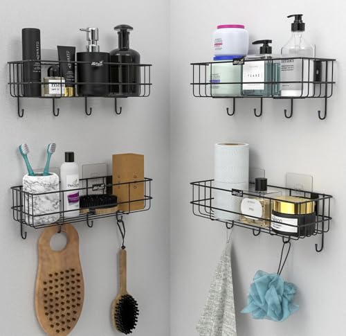 Image of Self Adhesive Bathroom Shelf with Hooks, Stainless Steel Wall Mounted Organizer Rack, Towel Holder, Bathroom Storage Shelf, Rustproof (Black, Pack of 2)