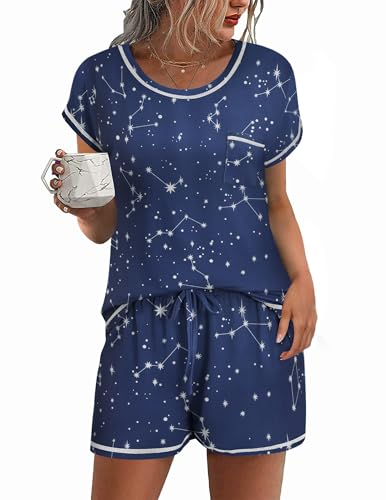 Image of Ekouaer Womens Pajama Sets 2 Piece Soft Short Sleeve Top and Shorts Sleepwear Round Neck Pjs Lounge Set with Pockets Navy Blue Galaxy Medium