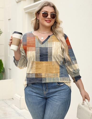 Rapbin Womens Plus Size Tops 3/4 Sleeve Blouses Shirts Casual V Neck Loose Tunic Tops 1X-5X