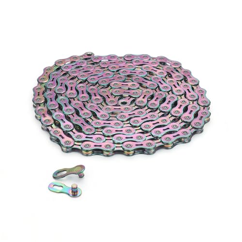 6/7/8/9/10/11/12スピードバイクチェーン、1/2 x 11/128インチ、116/126リンク ロードバイク マウンテンバイク 合金鋼 自転車チェーン シマノ/SRAM用 フックとクイックリンク付き (11速カラフルセミホロー)