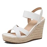 mikarka Women's Open Toe Espadrilles Wedge Sandal Slip On Elastic Ankle Strap Platform Sandals Dressy Comfortable Wedges Shoe White Size 8